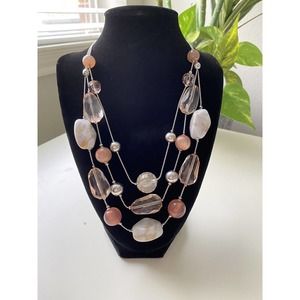 NY Jewelry Multi Strand Necklace W/ Stones pink Clear Marble Signed 20” Long